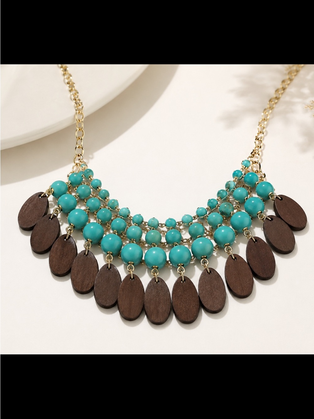 Turquoise Bead and Brown Wood Teardrop Bib Necklace